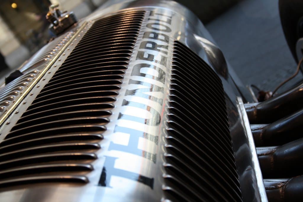Close-up of a chrome engine with ribbed cooling fins